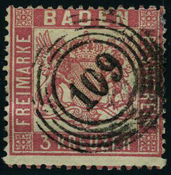 3 Kr. Freimarke 1862, mittelrosarot, gez. K 13 1/2, mit Nr.-Stempel ...